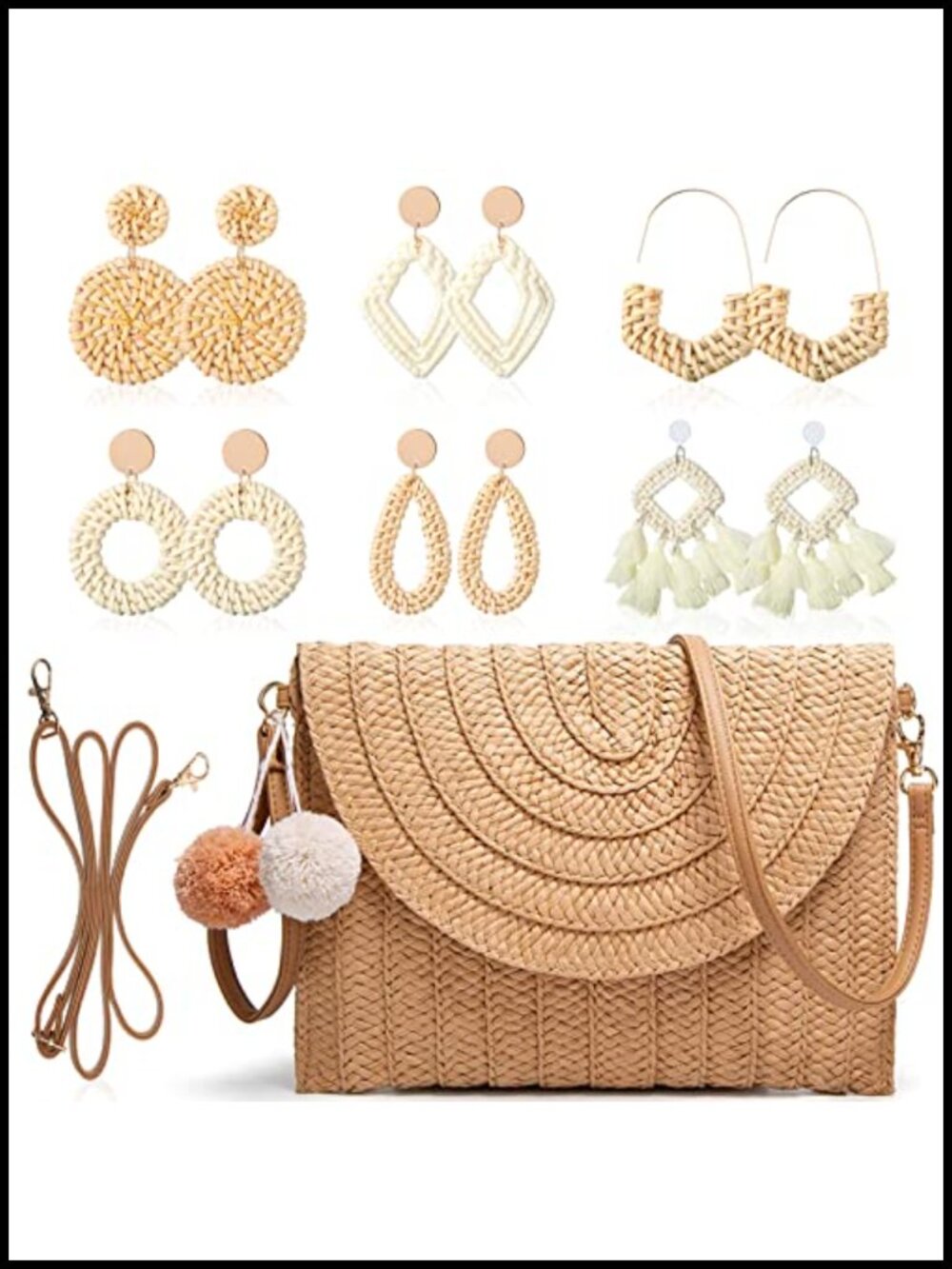 Straw Purse with Rattan Earrings Crossbody Shoulder Bag Boho Summer Beach Woven